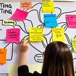 **A student creating a colorful mind map of an online marketing lecture, surrounded by sticky notes and highlighters, symbolizing personalized learning and knowledge organization.**