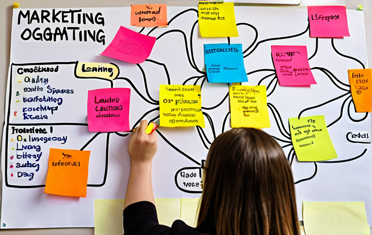 **A student creating a colorful mind map of an online marketing lecture, surrounded by sticky notes and highlighters, symbolizing personalized learning and knowledge organization.**